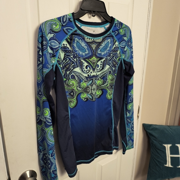 Athleta Blue Print Long Sleeve Athletic Top Thumb Holes Size XS swim top - Picture 2 of 10